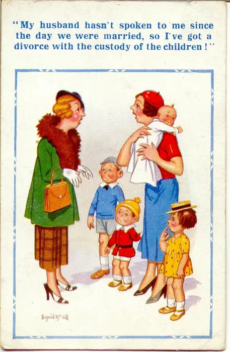 Framed Print : Comic postcard, Woman with four children getting divorced Date: 20th century Framed Print : Comic postcard, Woman with four children getting divorced Date: 20th century