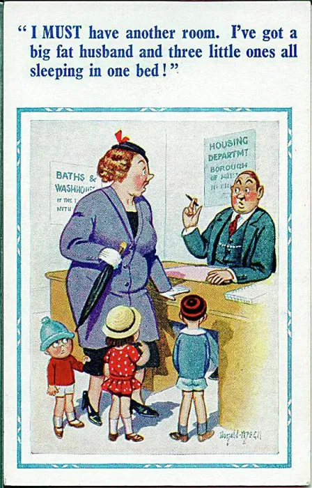 : Comic postcard, Woman, children and housing department Date: 20th century : Comic postcard, Woman, children and housing department Date: 20th century