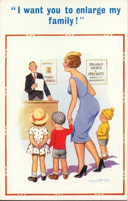 Framed Print : Comic postcard, Woman and three children at photographers Date: 20th century Framed Print : Comic postcard, Woman and three children at photographers Date: 20th century