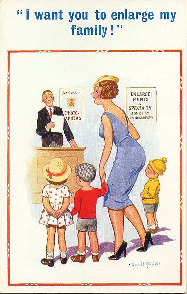 Comic postcard, Woman and three children at photographers Date: 20th century