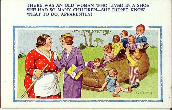 : Comic postcard, Woman, children and shoe : Comic postcard, Woman, children and shoe