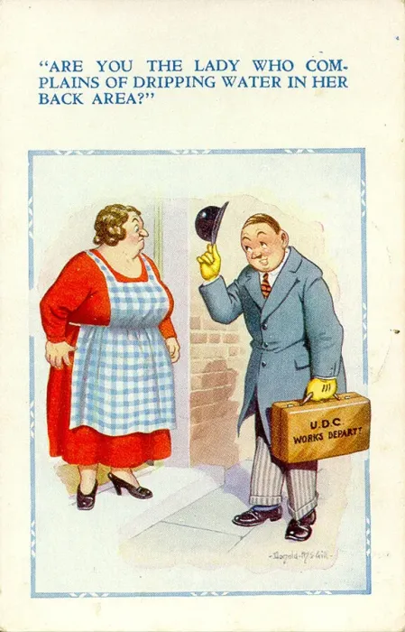 Framed Print : Comic postcard, Woman and council official Date: 20th century Framed Print : Comic postcard, Woman and council official Date: 20th century