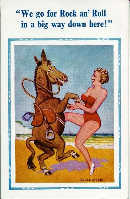 Framed Print : Comic postcard, Woman dancing with donkey on beach Date: 20th century Framed Print : Comic postcard, Woman dancing with donkey on beach Date: 20th century