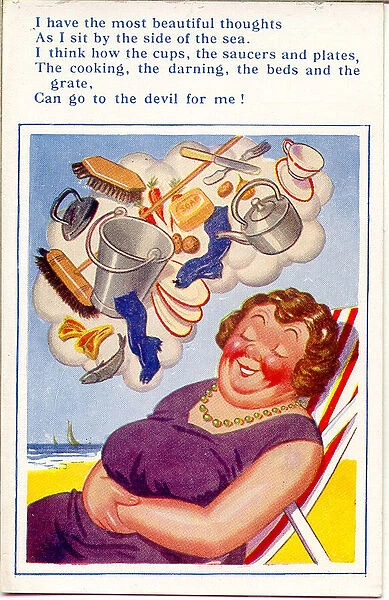Comic postcard, Woman in deckchair at the seaside, dreaming of all the housework she