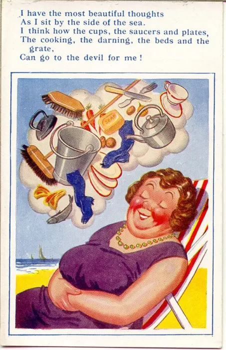 Framed Print : Comic postcard, Woman in deckchair at the seaside, dreaming of all the housework she Framed Print : Comic postcard, Woman in deckchair at the seaside, dreaming of all the housework she