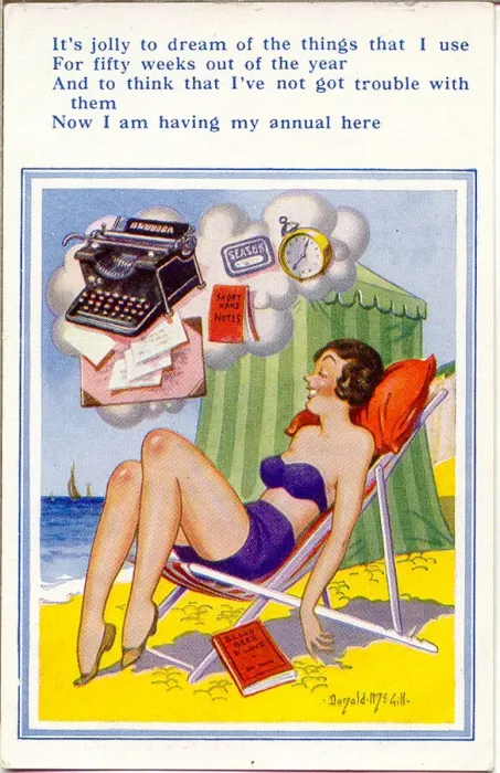 Framed Print : Comic postcard, Woman in deckchair at the seaside, dreaming of all the office work she Framed Print : Comic postcard, Woman in deckchair at the seaside, dreaming of all the office work she