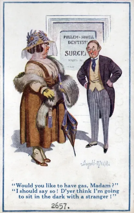 Framed Print : Comic postcard, Woman at the dentists Date: circa 1918 Framed Print : Comic postcard, Woman at the dentists Date: circa 1918