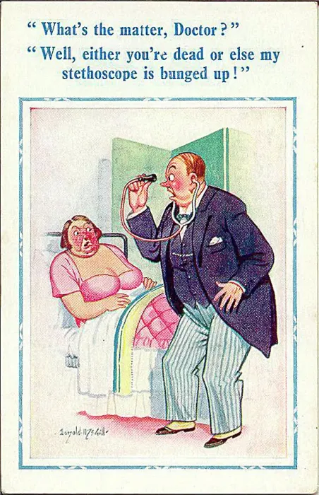 : Comic postcard, Woman and doctor in hospital : Comic postcard, Woman and doctor in hospital