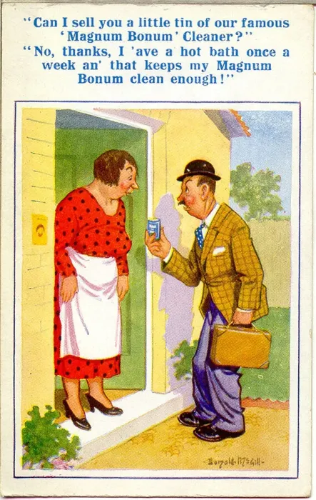 Framed Print : Comic postcard, Woman and door-to-door salesman Date: 20th century Framed Print : Comic postcard, Woman and door-to-door salesman Date: 20th century