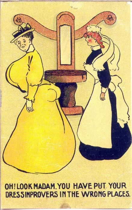 Framed Print : Comic postcard, Woman with dress improvers the wrong way round Framed Print : Comic postcard, Woman with dress improvers the wrong way round