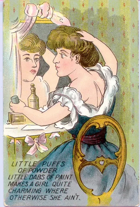 Framed Print : Comic postcard, Woman at her dressing table, improving her appearance with makeup Framed Print : Comic postcard, Woman at her dressing table, improving her appearance with makeup