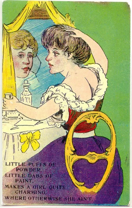Framed Print : Comic postcard, Woman at her dressing table, improving her appearance with makeup Framed Print : Comic postcard, Woman at her dressing table, improving her appearance with makeup