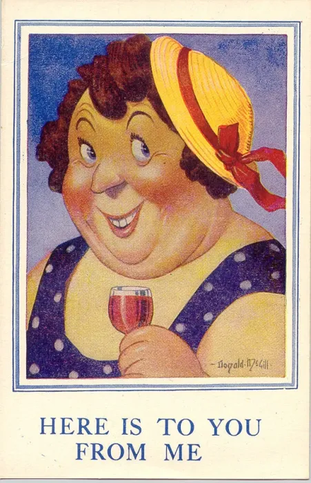 Framed Print : Comic postcard, Woman with a drink in her hand Date: 20th century Framed Print : Comic postcard, Woman with a drink in her hand Date: 20th century