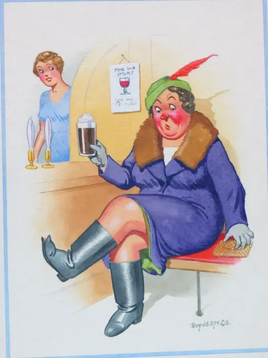 Framed Print : Comic postcard, Woman drinking in a pub Framed Print : Comic postcard, Woman drinking in a pub