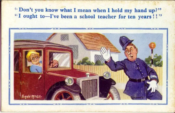 Framed Print : Comic postcard, Woman driver and policeman Date: 20th century Framed Print : Comic postcard, Woman driver and policeman Date: 20th century