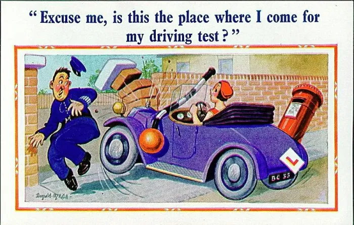 : Comic postcard, Woman driver and policeman Date: 20th century : Comic postcard, Woman driver and policeman Date: 20th century