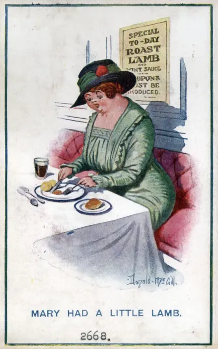 Framed Print : Comic postcard, Woman eating rationed food, WW1 - Mary had a little lamb Date Framed Print : Comic postcard, Woman eating rationed food, WW1 - Mary had a little lamb Date