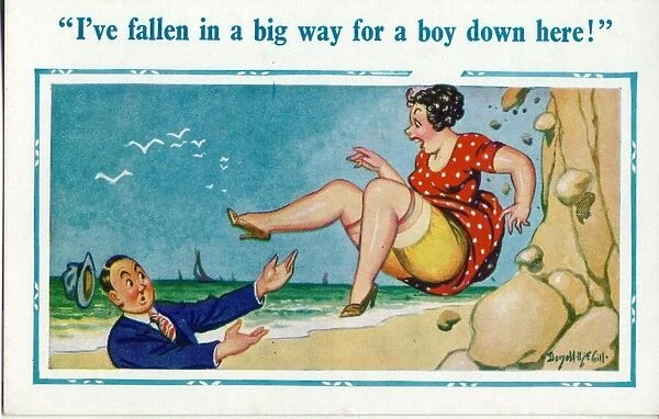 Comic postcard, Woman falling down a cliff onto the beach