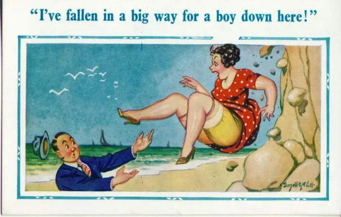 Framed Print : Comic postcard, Woman falling down a cliff onto the beach Framed Print : Comic postcard, Woman falling down a cliff onto the beach