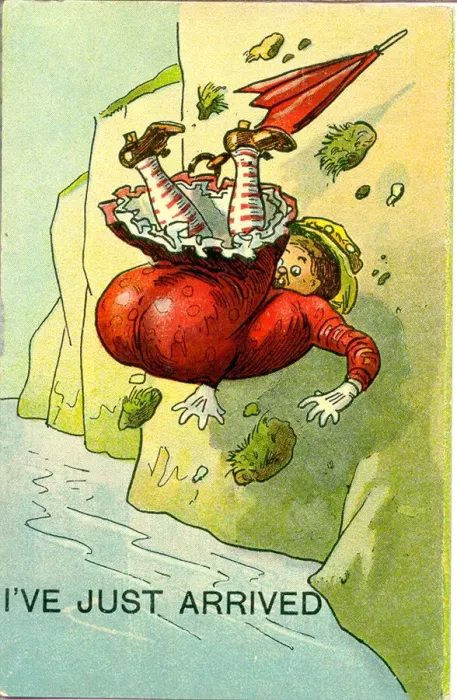 Framed Print : Comic postcard, Woman falling off a cliff at the seaside - I ve just arrived Date Framed Print : Comic postcard, Woman falling off a cliff at the seaside - I ve just arrived Date