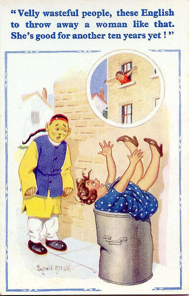 Comic postcard, Woman falls from window into dustbin Date: 20th century