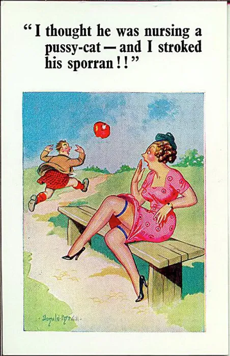: Comic postcard, Woman frightens Scotsman Date: 20th century : Comic postcard, Woman frightens Scotsman Date: 20th century