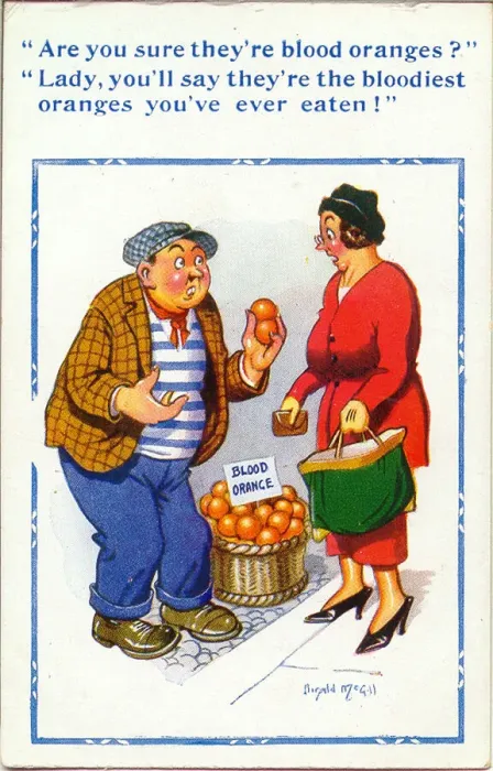 Framed Print : Comic postcard, Woman with fruit seller Date: 20th century Framed Print : Comic postcard, Woman with fruit seller Date: 20th century
