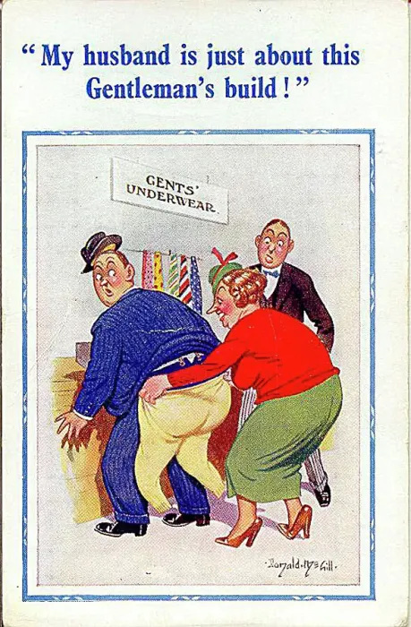  : Comic postcard, Woman at gents underwear counter Date: 20th century