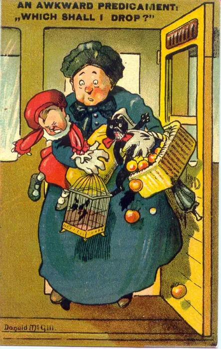 Framed Print : Comic postcard, Woman with her hands full on a train - Which shall I drop Framed Print : Comic postcard, Woman with her hands full on a train - Which shall I drop