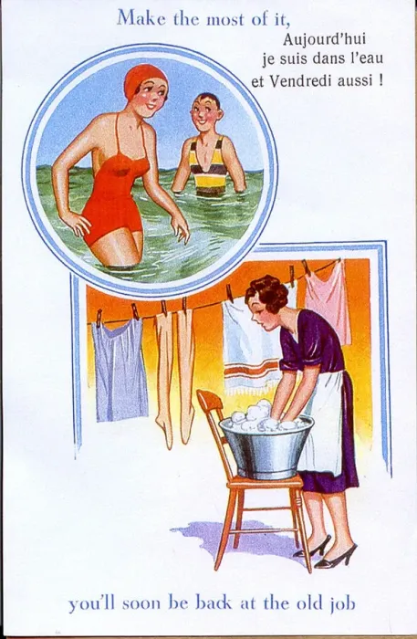 Framed Print : Comic postcard, Woman on holiday, then home again - Make the most of it Framed Print : Comic postcard, Woman on holiday, then home again - Make the most of it