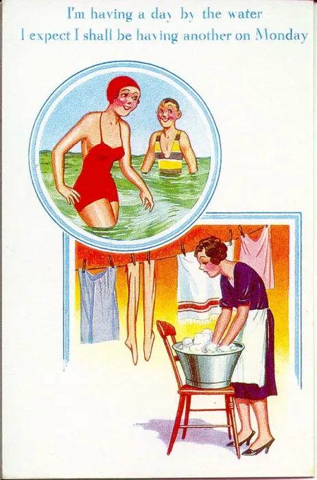 Framed Print : Comic postcard, Woman on holiday, in the sea, then home again Framed Print : Comic postcard, Woman on holiday, in the sea, then home again