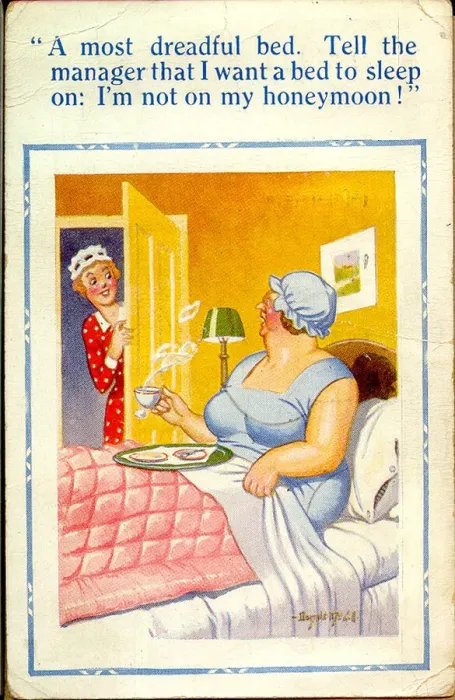 Framed Print : Comic postcard, Woman in hotel bedroom Date: 20th century Framed Print : Comic postcard, Woman in hotel bedroom Date: 20th century
