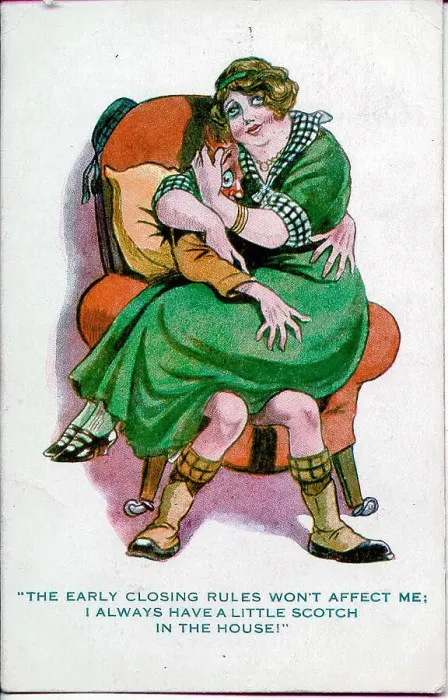 Framed Print : Comic postcard, Woman hugs Scottish soldier, WW1 Framed Print : Comic postcard, Woman hugs Scottish soldier, WW1