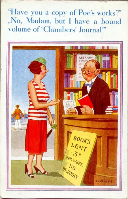 Framed Print : Comic postcard, Woman at a lending library Framed Print : Comic postcard, Woman at a lending library