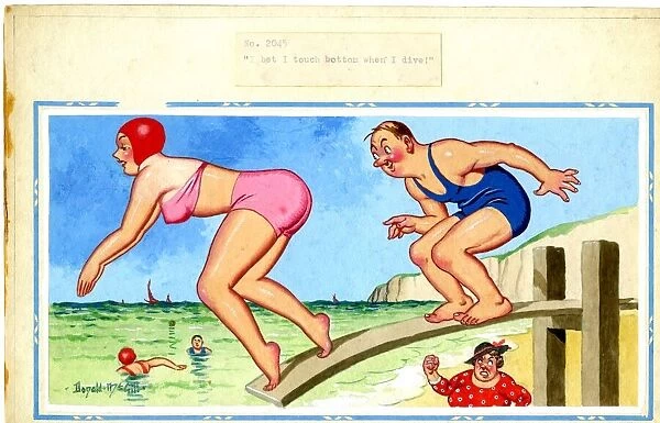 Comic postcard, Woman and man diving into the sea, with the man's annoyed wife standing