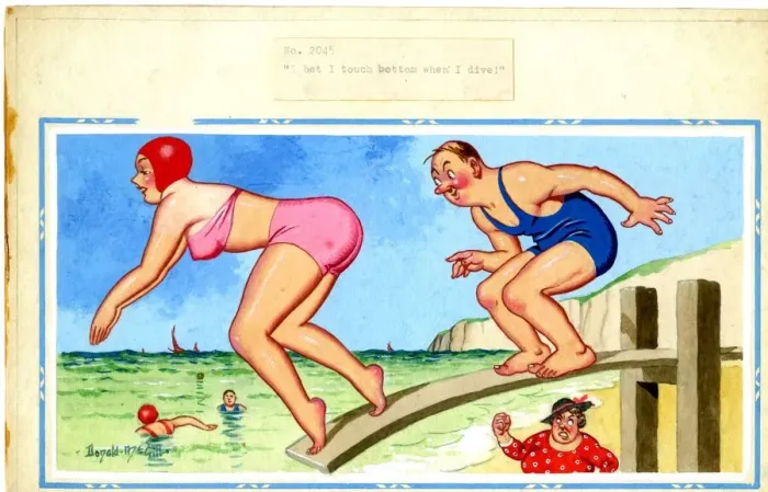 Framed Print : Comic postcard, Woman and man diving into the sea, with the mans annoyed wife standing Framed Print : Comic postcard, Woman and man diving into the sea, with the mans annoyed wife standing