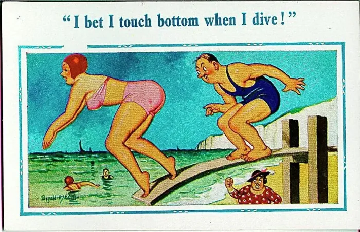 : Comic postcard, Woman and man diving into the sea, with the man's annoyed wife standing watching Date: 20th century : Comic postcard, Woman and man diving into the sea, with the man's annoyed wife standing watching Date: 20th century