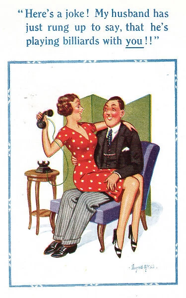 Comic postcard, woman on mans lap