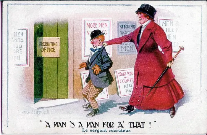 Framed Print : Comic postcard, woman marches man to recruiting office. Date: 1914-1918 Framed Print : Comic postcard, woman marches man to recruiting office. Date: 1914-1918