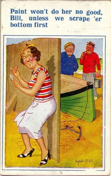 Framed Print : Comic postcard, Woman, men and boat at the seaside Date: 20th century Framed Print : Comic postcard, Woman, men and boat at the seaside Date: 20th century