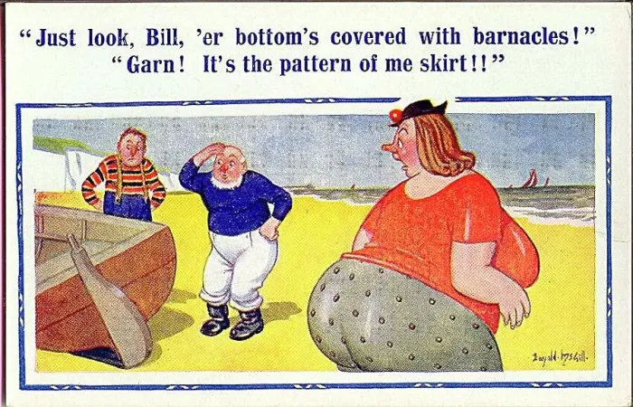 : Comic postcard, Woman, men and boat at the seaside Date: 20th century : Comic postcard, Woman, men and boat at the seaside Date: 20th century