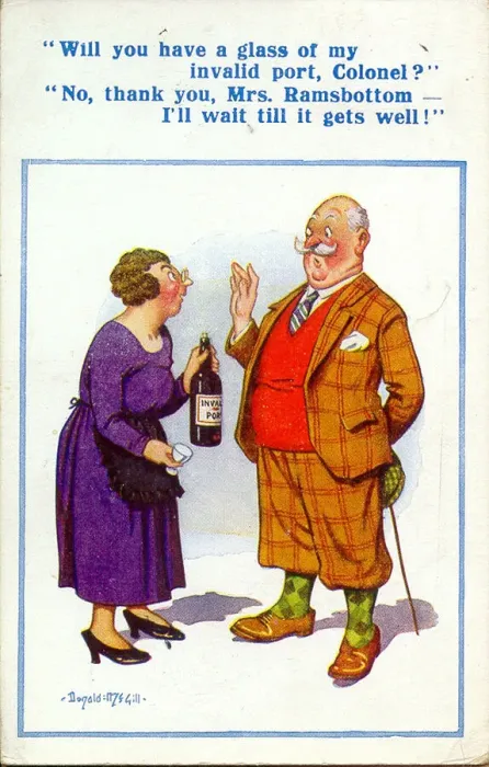 Framed Print : Comic postcard, Woman offers man a drink Date: 20th century Framed Print : Comic postcard, Woman offers man a drink Date: 20th century