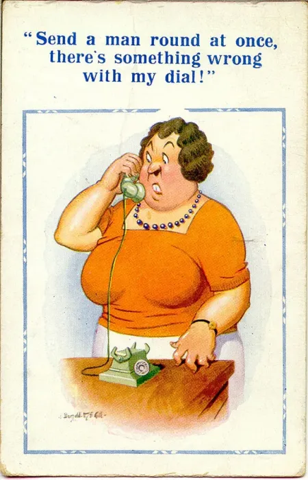 Framed Print : Comic postcard, Woman on the phone Date: 20th century Framed Print : Comic postcard, Woman on the phone Date: 20th century