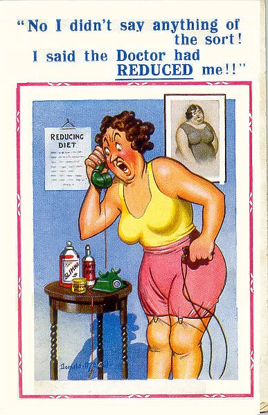 Comic postcard, Woman on the phone - reducing diet Date: 20th century