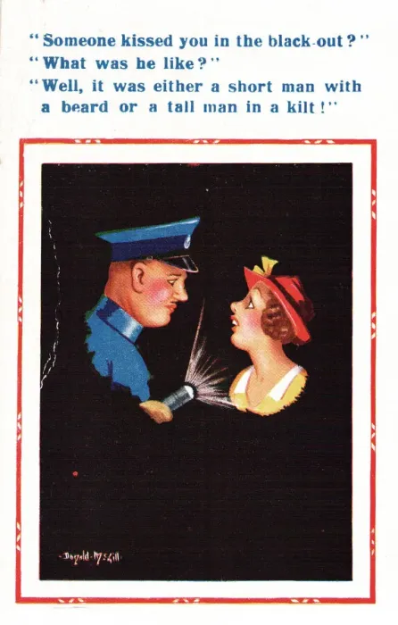 Framed Print : Comic postcard, woman and policeman in blackout, WW2 - how to identify the man who kissed Framed Print : Comic postcard, woman and policeman in blackout, WW2 - how to identify the man who kissed
