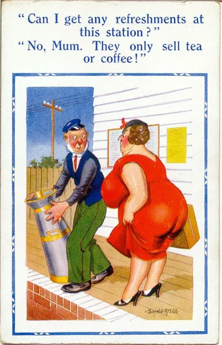 Framed Print : Comic postcard, Woman and porter on station platform Framed Print : Comic postcard, Woman and porter on station platform