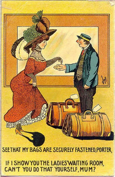 Comic postcard, Woman and railway porter Date: early 20th century