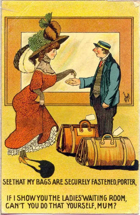 Framed Print : Comic postcard, Woman and railway porter Date: early 20th century Framed Print : Comic postcard, Woman and railway porter Date: early 20th century