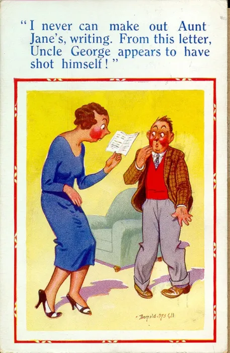 Framed Print : Comic postcard, Woman reading aunts letter Date: 20th century Framed Print : Comic postcard, Woman reading aunts letter Date: 20th century