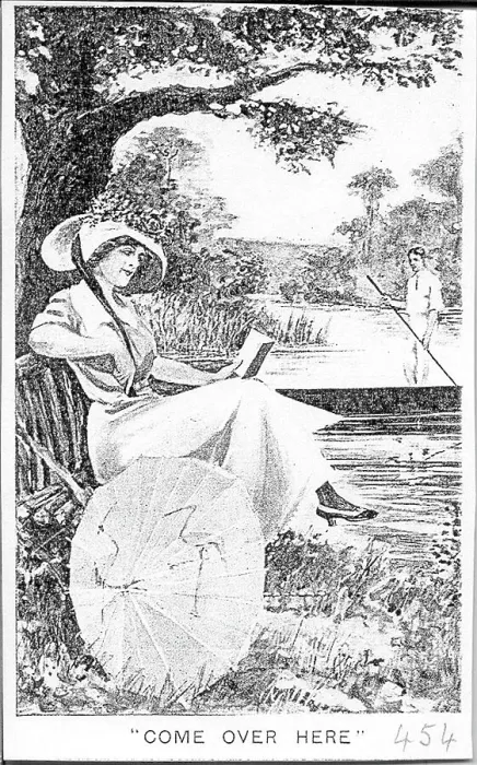 Framed Print : Comic postcard, Woman reading, man boating - Come over here. Date: early 20th century Framed Print : Comic postcard, Woman reading, man boating - Come over here. Date: early 20th century